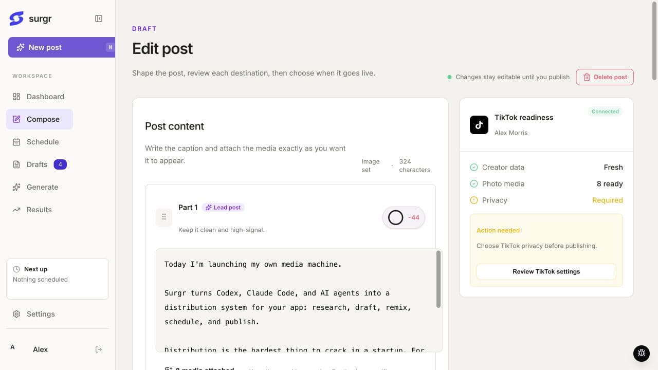 Surgr Compose showing an editable post beside TikTok publishing readiness